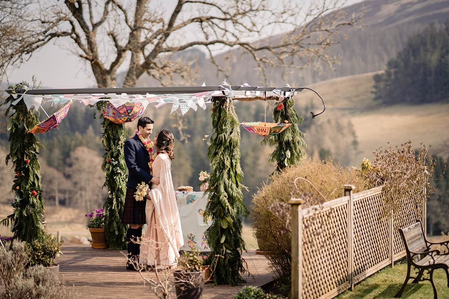 outdoor garden micro wedding quaich ceremony glen prosen sindoor ceremony garland exchange