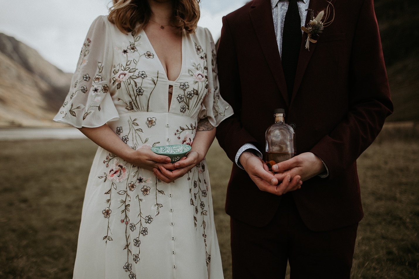 Glencoe elopement traditional quaich Scottish whiskey hope & ivy wedding dress slim Burgundy Herringbone Suit