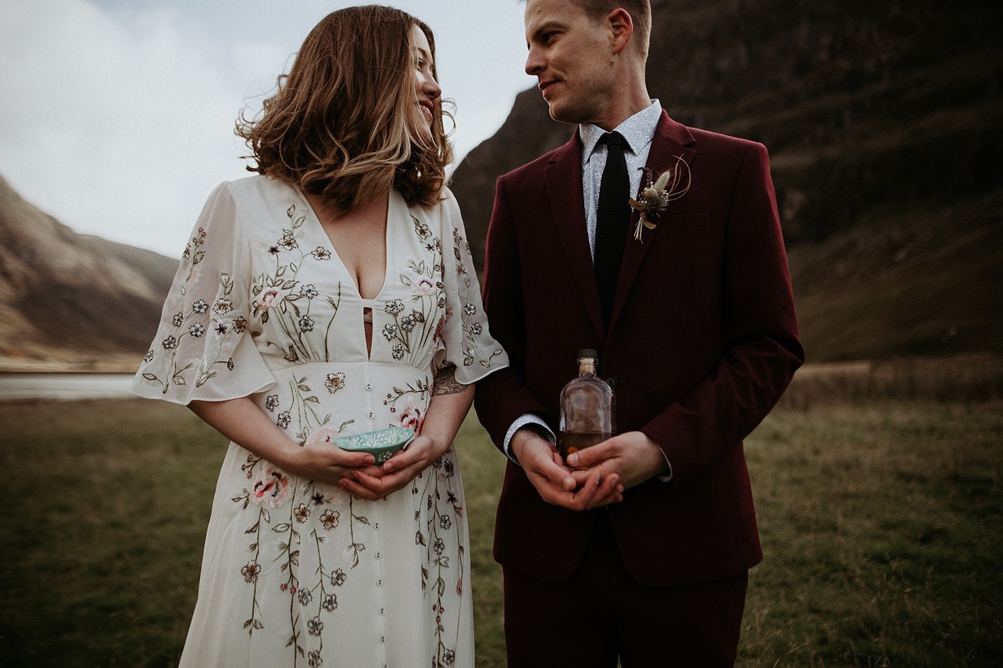 Glencoe elopement traditional quaich Scottish whiskey hope & ivy wedding dress slim Burgundy Herringbone Suit