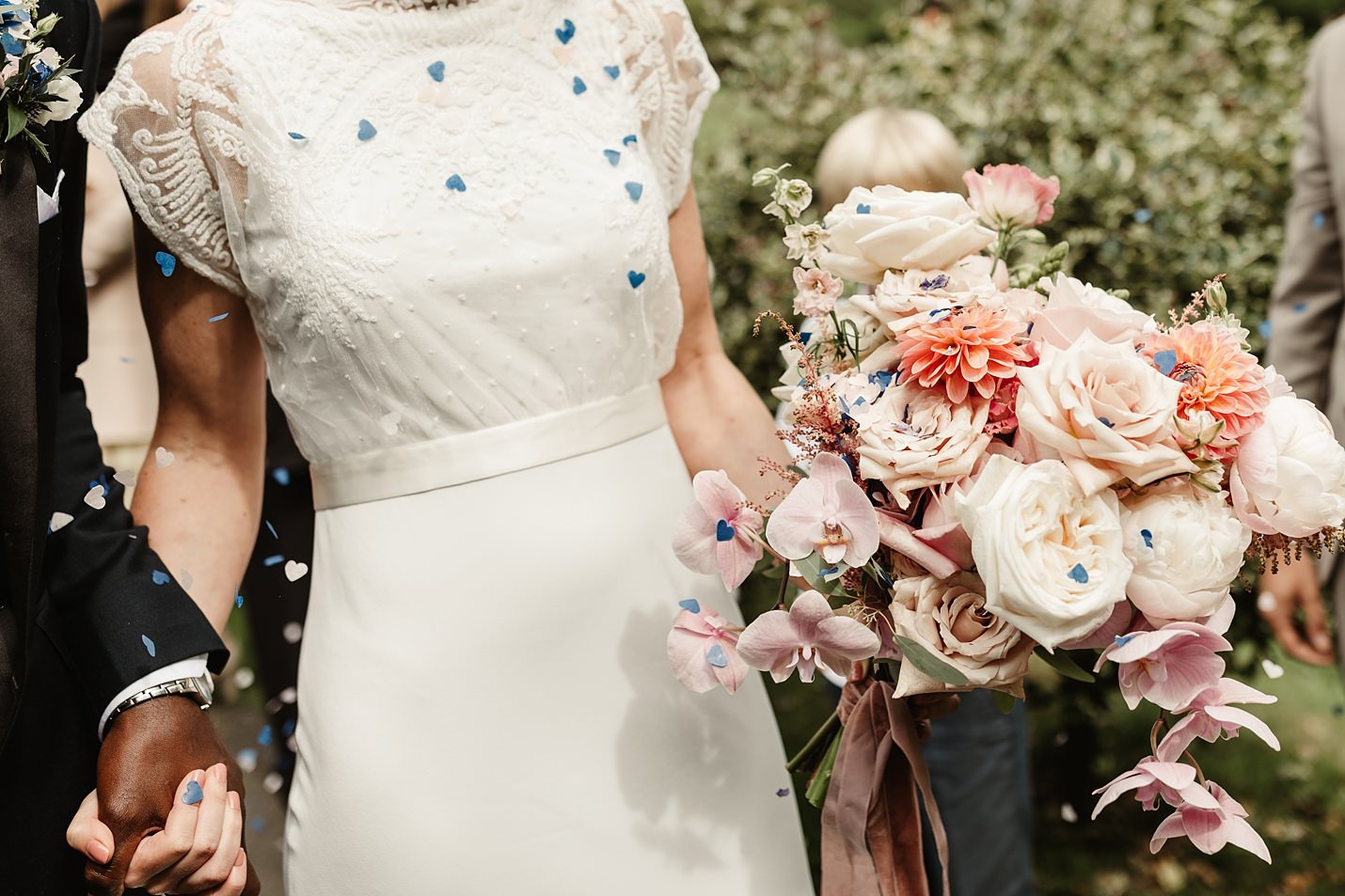 Catherine Deane lace topper Charlie Brear wedding dress kim dalglish pastel rose bouquet