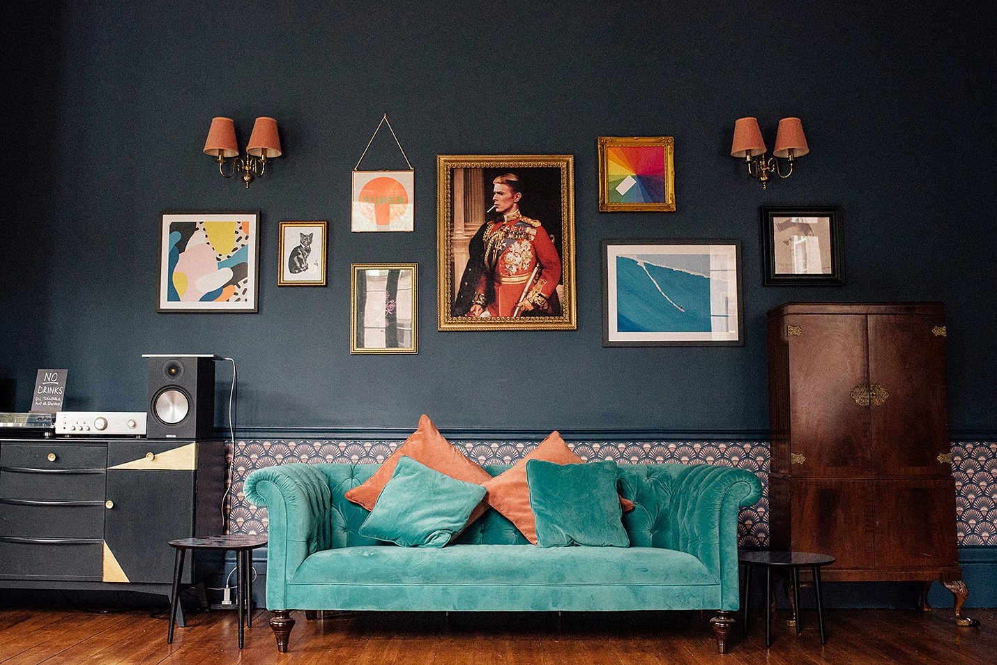 netherbyres house interior, colourful wall art, velvet sofa, vintage furniture