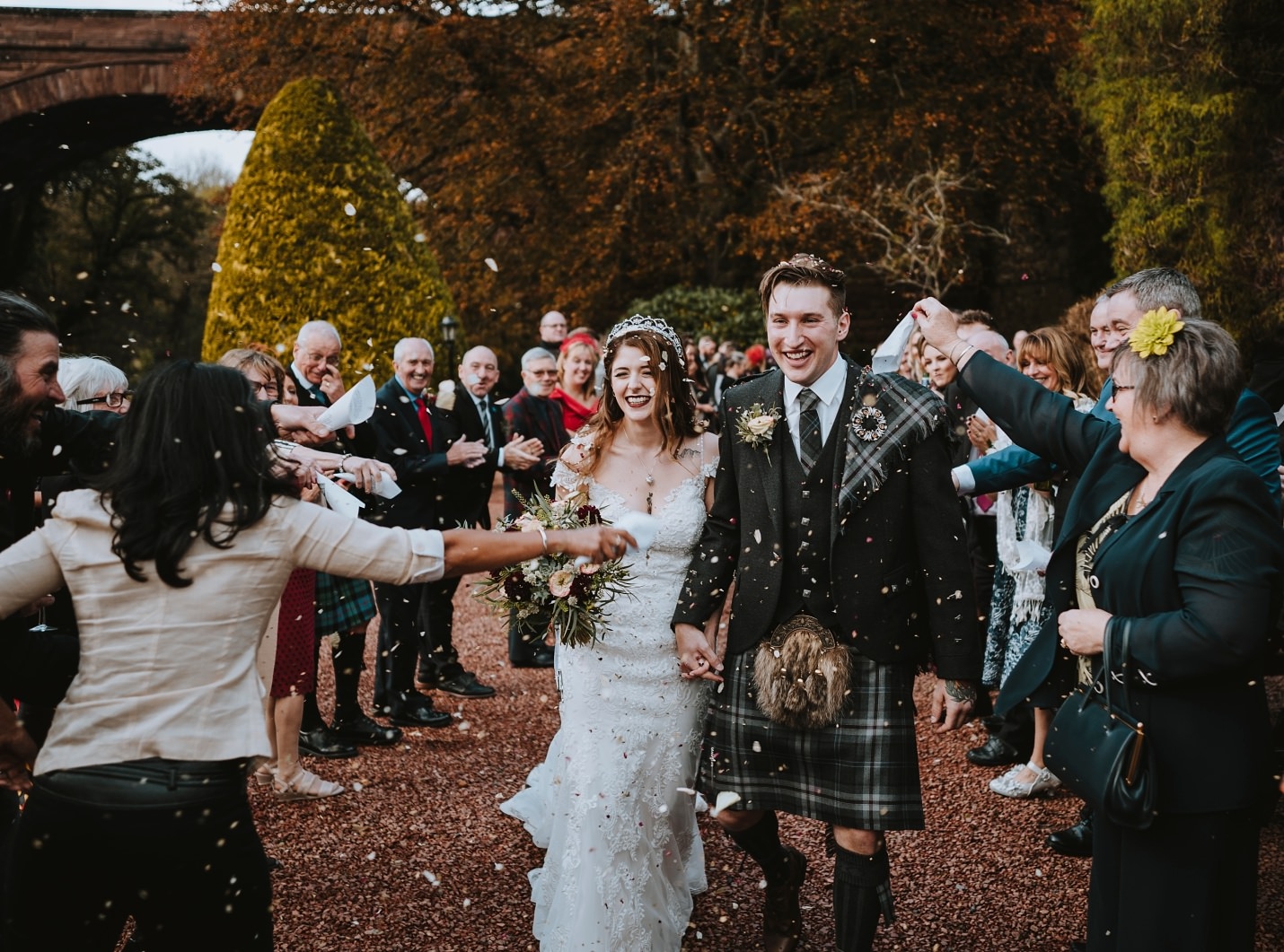brig o doon wedding venue scotland autumn gothic wedding bride groom confetti wedding reception