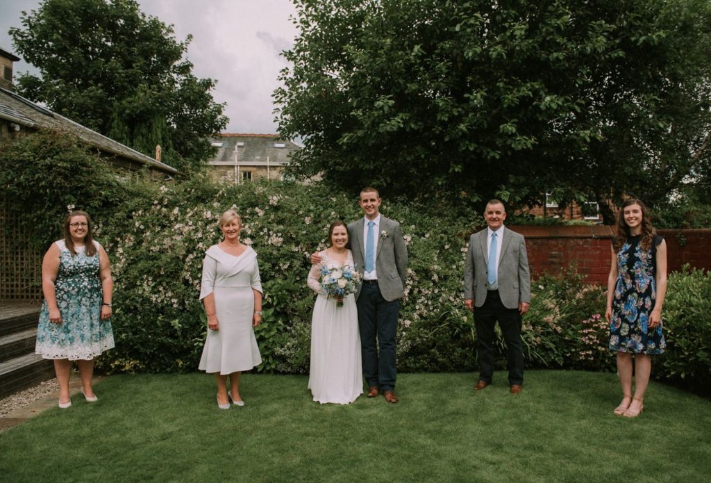 back garden wedding ceremony socially distanced group shot glasgow