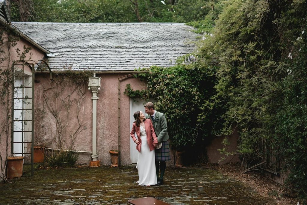 pink country house wedding venue scotland Logan botanical gardens bride groom wedding photographs