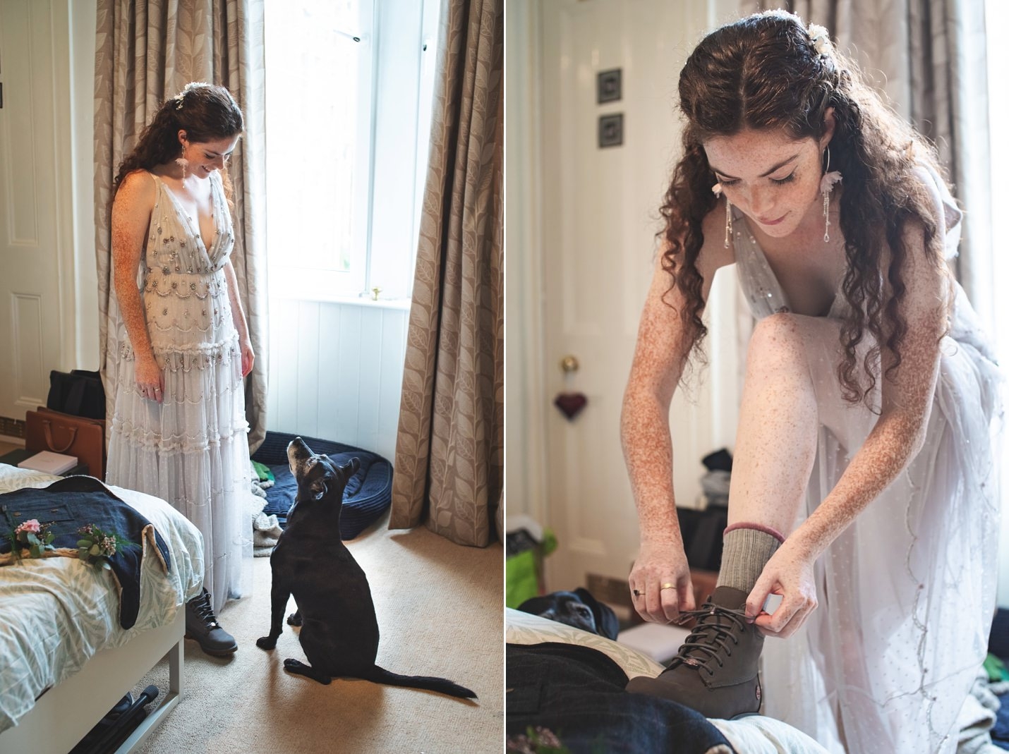 mini wedding scotland bride putting on boots in preparations getting ready