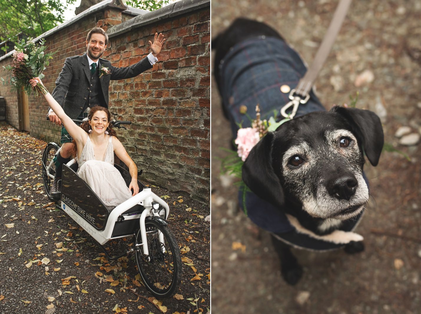 mini wedding scotland bride groom in trike glasgow city west end with dog