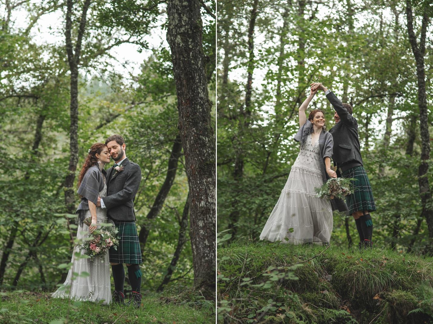 mini wedding scotland bride groom outdoor couples portraits in loch ard forest