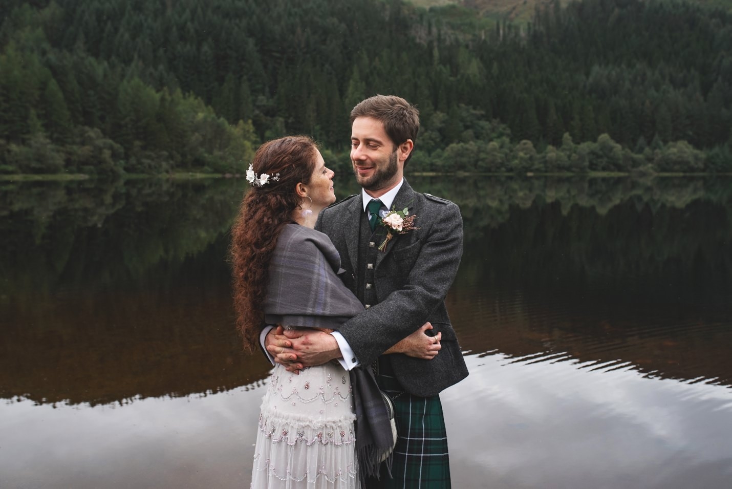 mini wedding scotland bride groom outdoor couples portraits on loch ard
