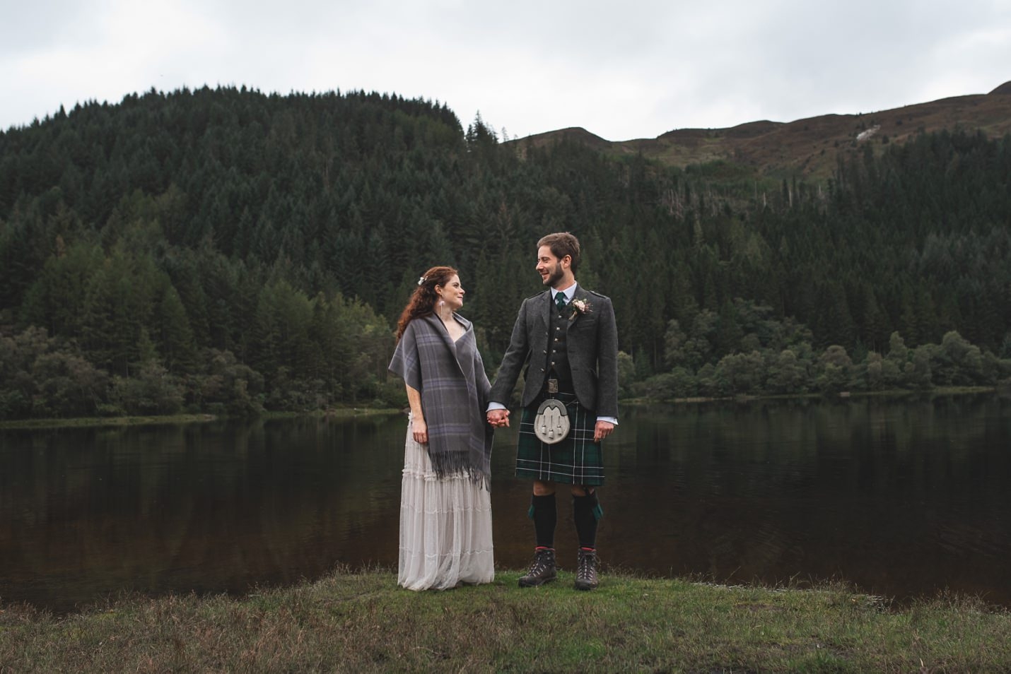 mini wedding scotland bride groom outdoor couples portraits on loch ard
