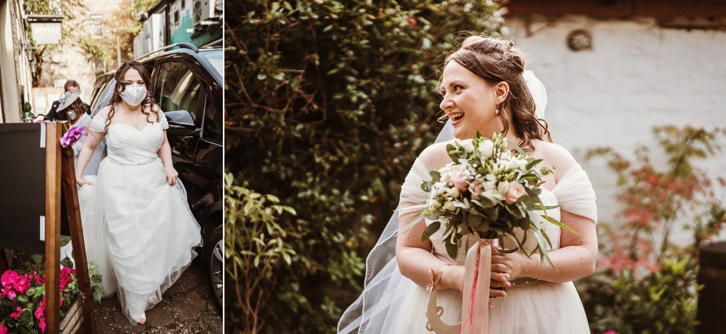 bothy glasgow micro wedding venue exterior bride arriving in face mask for wedding ceremony