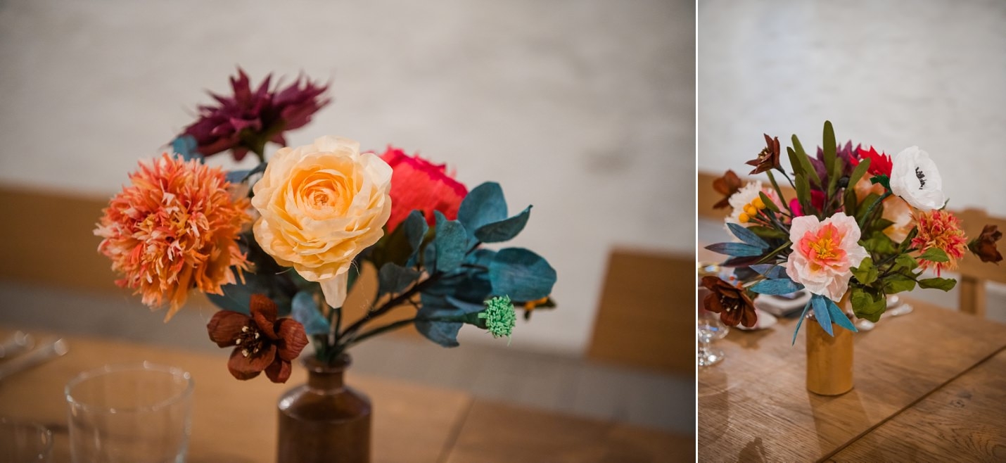 the free company edinburgh micro wedding reception dinner hayloft barn wedding paper flowers paper stems