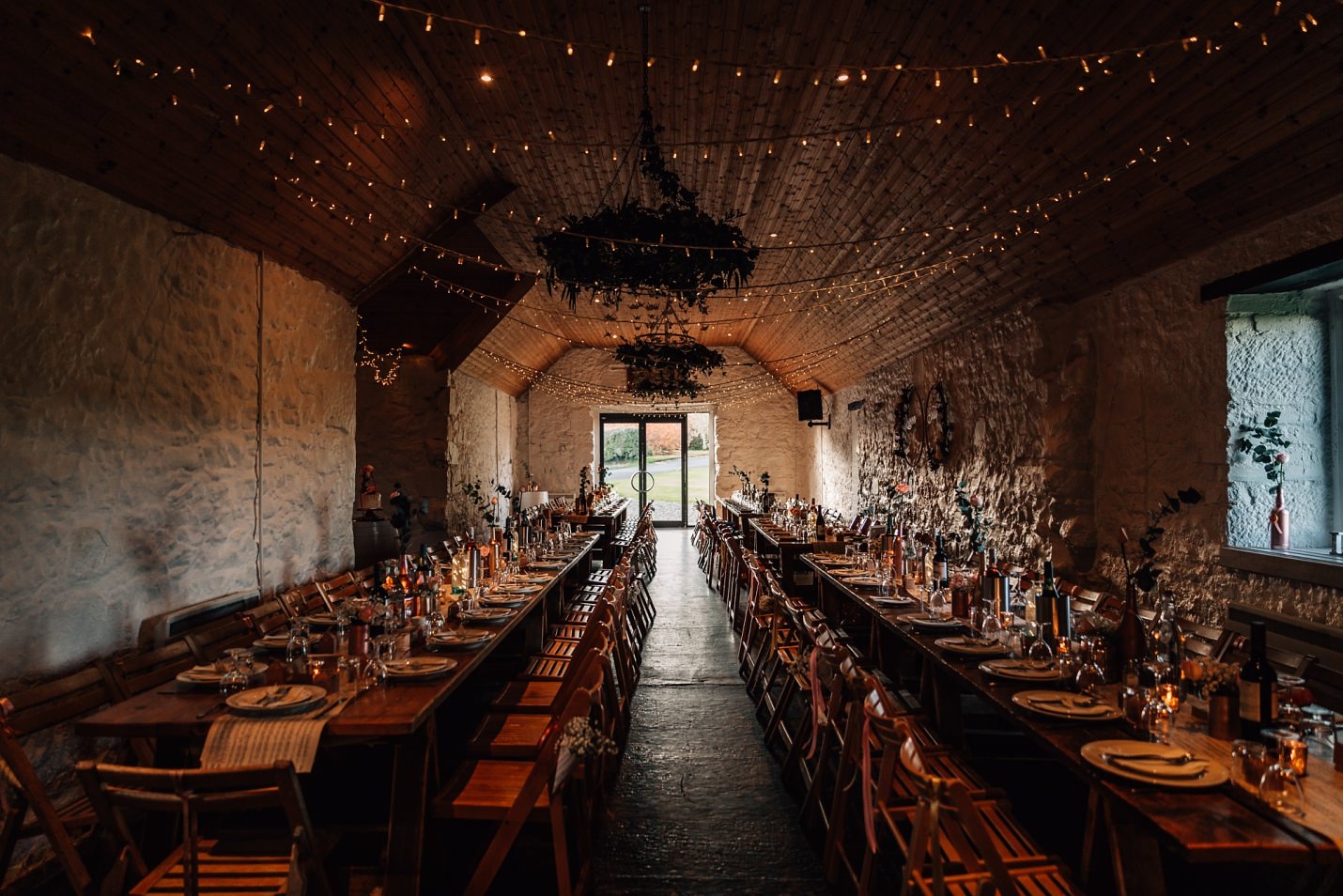 dalduff barn wedding ayrshire interior farmhouse reception dinner setup