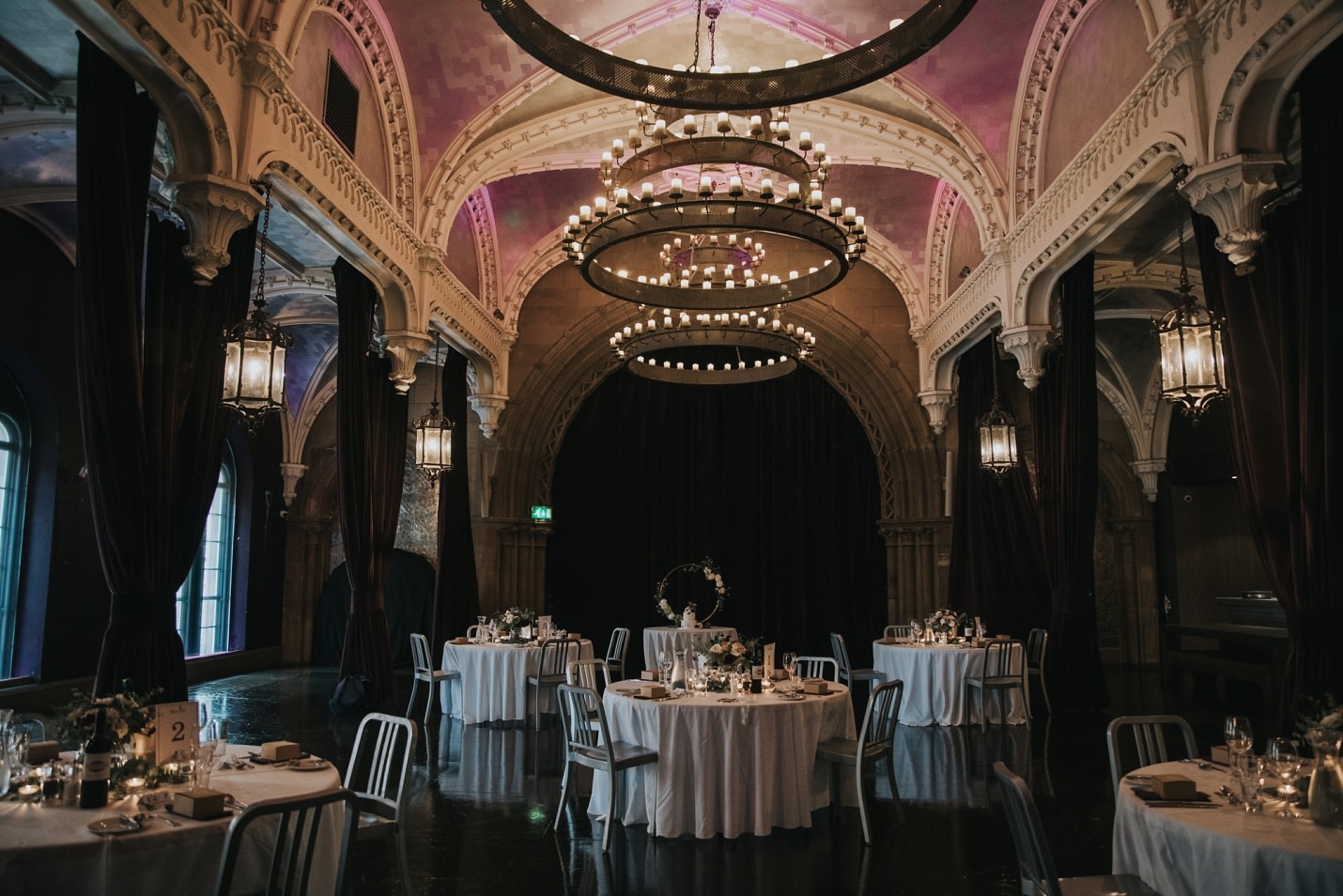 Ghillie Dhu Edinburgh wedding interior hall wedding reception dinner setup