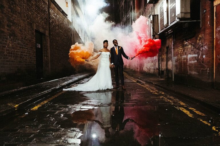 glasgow city bride groom orange & pink smoke bomb couples portraits