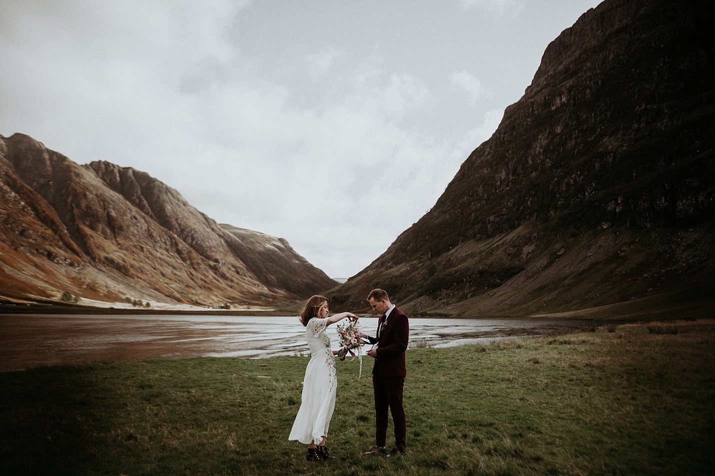 glencoe elopement mountain scenery loch Achtriochtan bride groom portrait